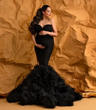 Glamurozne crne haljine za trudnice u stilu sirene za foto pucati, haljine za trudnice sa volanima, seksi haljine za tuširanje djeteta u stilu милочки - Slika 1  