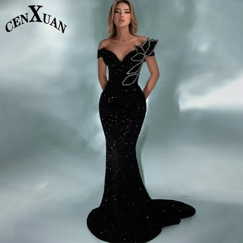 Klasične večernje haljine CENXUAN u stilu sirene za žene, izvezena šljokicama, s otvorenim ramenima, s vlakom u obliku srca, Vestido De Noche, po mjeri - Slika 1  