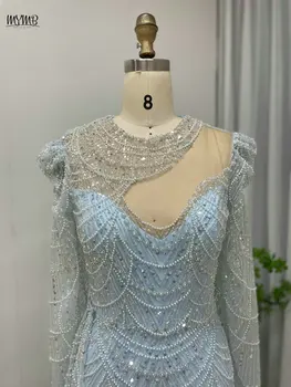Vjenčanice MYMB s plavim хрусталем ručno izrađene u stilu sirene za goste 2024 godine, muslimanski večernje haljine s okruglog izreza i dugim rukavima i bočnim vlak - Slika 2  