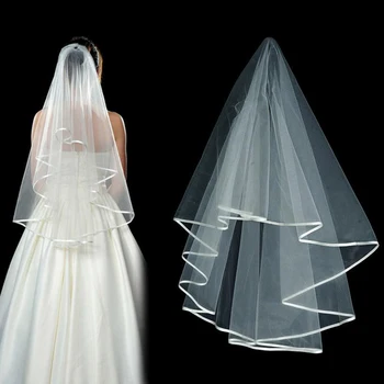 Vestidos Elegantan Vjenčanje Pribor Tila Iluzija dupli sloj traka Bijela vela za mladence Lvory Edge 2024 - Slika 2  