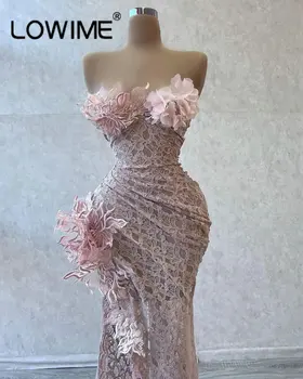 Roza Duge Čipke, haljine bez naramenica s 3D Cvjetnim aplikacije, Seksi haljina za prom bez rukava s visokim ulaska na red - Slika 1  