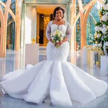 Haljine sirena velike veličine od aplikacija iz блесток, prozirne vjenčanje haljine s dugim rukavima i vlak, vjenčanje haljine za žene - Slika 2  