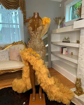 Zlatno Dugo konačni haljina s okruglog izreza za crne djevojke 2024, расшитое perle, Kristalno haljinu za rođendan, Perje, volanima, večernje haljine s prorezom, odjevanje - Slika 1  
