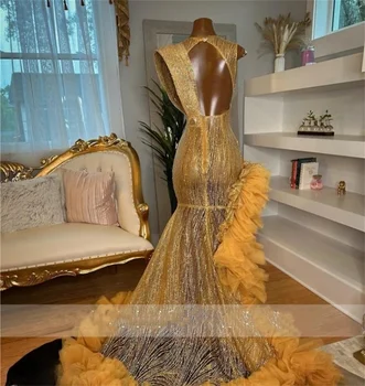 Zlatno Dugo konačni haljina s okruglog izreza za crne djevojke 2024, расшитое perle, Kristalno haljinu za rođendan, Perje, volanima, večernje haljine s prorezom, odjevanje - Slika 2  