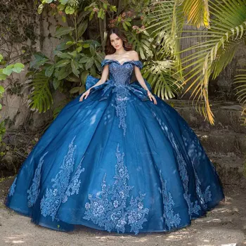 Novo Plavo Raskošnom haljina 2024 S otvorenim ramenima, Loptu haljina Princeze Za Prom, Slatka Haljina 16 Godina XV, Haljina Miss Na Rođendan, Meksička - Slika 1  