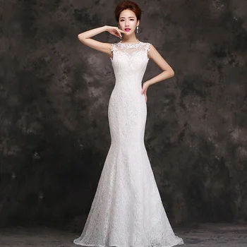 2021 Čipkan vjenčanica djeveruša haljina s bijelim riblji rep, dugo svjetlo na ramenu, mogućnost večer  - Slika 1  