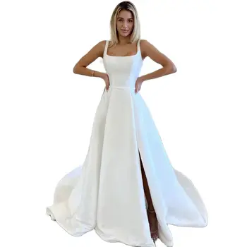 Novo Jednostavno Атласное Vjenčanicu Za Žene Nevjesta S Bočnim Prorezom Na Trake S Otvorenim Leđima Elegantne Vjenčanice Po Mjeri Robe De - Slika 1  