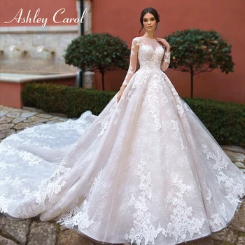 Ashley Carol Čipkan vjenčanicu Sa dugim Rukavima 2022 Cathedral Bride Trapeznog Oblika S Masi Aplikacije, Svadba haljina čipka-up Vestido De Noiva - Slika 1  
