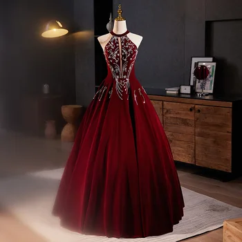 Elegantno vjenčanje haljina bez rukava od crvenog baršuna sa šljokicama, večernjih haljina s jednostavnim urezima, koktel haljina za prom s tankim strukom - Slika 1  