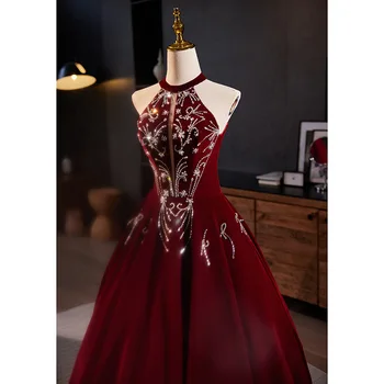 Elegantno vjenčanje haljina bez rukava od crvenog baršuna sa šljokicama, večernjih haljina s jednostavnim urezima, koktel haljina za prom s tankim strukom - Slika 2  