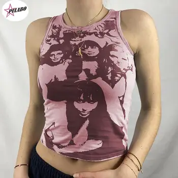 PULABO Estetski gotička mike Harajuku u stilu hip-hop s grafičkim po cijeloj površini, skraćeno top bez rukava, ženski godišnji Облегающий mini-prsluk, vanjska odjeća - Slika 1  