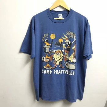 Vintage majica WARNER BROS Camp Pratville 90-ih s likovima iz crtića u stilu hip-hop plijen plave boje vrlo velike veličine napravljen u SAD-u - Slika 1  