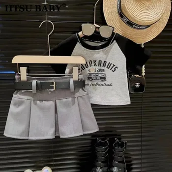 Ljetna odijela HTSU za djevojčice, dječje majica s буквенным po cijeloj površini, t-shirt хитового boje, kratka плиссированная suknja sa pojasom, komplet od dva predmeta - Slika 1  