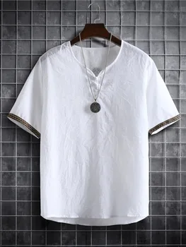 Ljetna slobodna хлопковая lanena majica kratkih rukava, muška ultra-tanki clamshell to ljetna odjeća u kineskom stilu, slobodan lana vrh s kopčom na kolut - Slika 2  