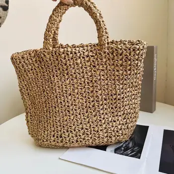 Torbe od slame Ljeto 2023, ženske torbe-тоут, dizajnerske torbe, novčanik, pleteni remen, Drvena ručka, plaža torba preko ramena - Slika 2  