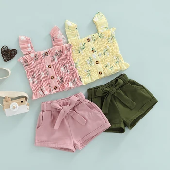 Dječja odjeća iz dva predmeta za djevojčice, majice bez rukava s cvjetnim ispis na širokom бретелях i рюшами + čvrste gaćice - Slika 1  
