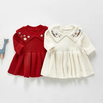 Odjeća za novorođenčad djevojčice, monotone toplo haljinu-džemper princeza s dugim rukavima i nabora, вязаное kukičanje haljina DT660 - Slika 1  
