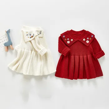 Odjeća za novorođenčad djevojčice, monotone toplo haljinu-džemper princeza s dugim rukavima i nabora, вязаное kukičanje haljina DT660 - Slika 2  