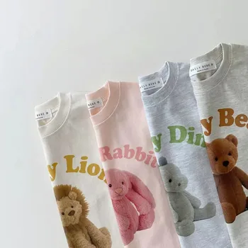 Dječji kostimi su sa po cijeloj površini životinje, Ljetni pamučne majice sa slikom lava, Zec, Medvjed, dinosaura, Kratke hlacice, Kompleti odjeće za dječake i djevojčice - Slika 2  