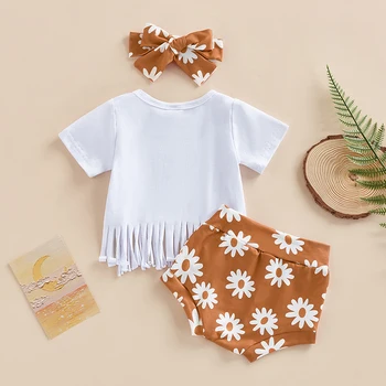 Ljetni slatka kompleti odjeće za djevojčice kratkih rukava, majica s буквенным po cijeloj površini i kratke hlače u cvijetu, traka za kosu, odjeću od 3 predmeta - Slika 2  