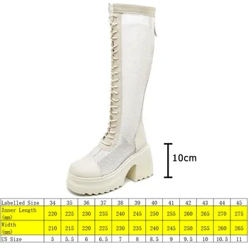 Čizme do koljena od antena grid visine 10 cm, moto čizme na танкетке, prozračne čizme na debelom pete do sredine kavijara, Ljetni Šuplje ženske čizme munje - Slika 2  