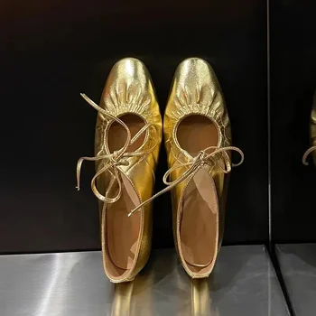 Balet stanovi Ženske Kožne Vintage Cipele Ravnim cipelama Sa Remenom, Srebrne balet stanovi Ravnim cipelama, Sjajne Zlatne Cipele Mary Jane S Okruglim Vrhom, 2024, Proljeće-Ljeto - Slika 1  