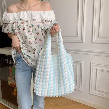 Ženska torba-balon s naborima, mekom oblaku tkanina, kontrastne boje na pruge, torba-тоут, jednostavno холщовая torba za kupovinu, Slatka torbicu za knjige - Slika 2  