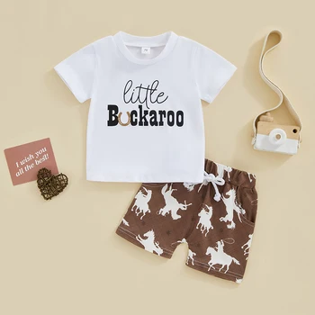 Ljetna odjeća za novorođenčad dječaka, majica okruglog izreza i elastičnim pojasom, kratke hlače s po cijeloj površini konja, odijelo - Slika 1  