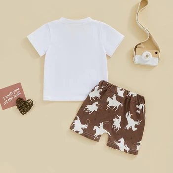 Ljetna odjeća za novorođenčad dječaka, majica okruglog izreza i elastičnim pojasom, kratke hlače s po cijeloj površini konja, odijelo - Slika 2  