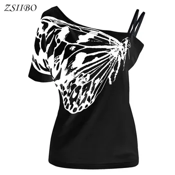 VELIKA AKCIJA y2k ZSIIBO, seksi ženska t-shirt s dijagonalom ramena i po cijeloj površini leptir, bluza na подтяжках kratkih rukava, ženska - Slika 1  